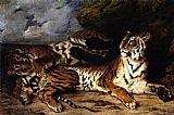 Famous Playing Paintings - A Young Tiger Playing with its Mother